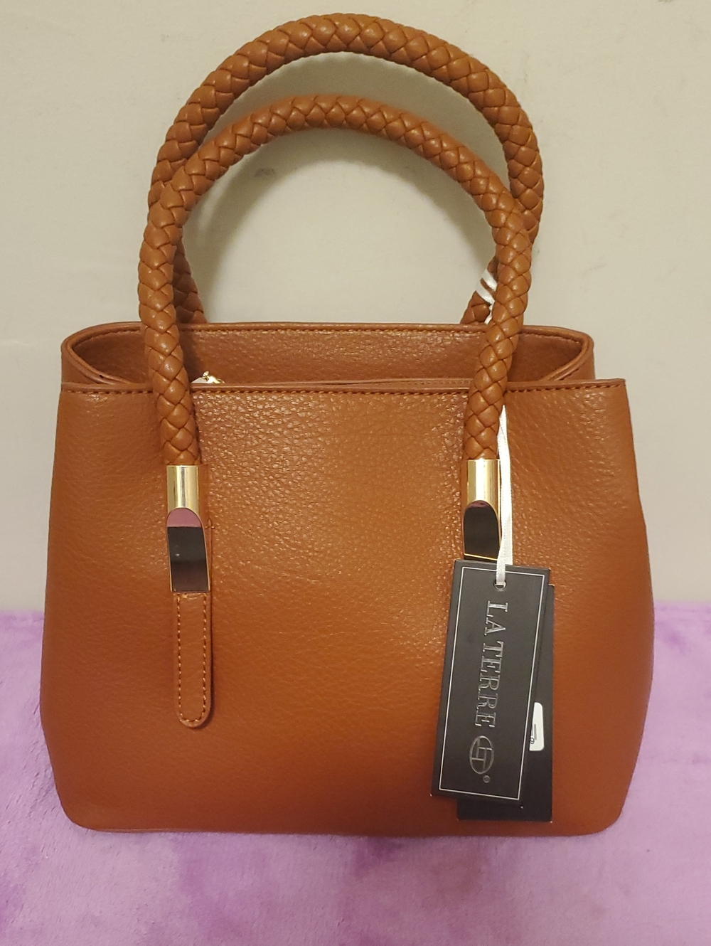 Tan Braided-Handle Satchel Bag